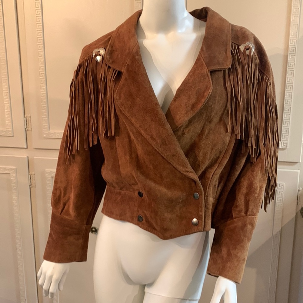 Vintage 80's Brown Leather Fringe Jacket with Silver Heart Conch Details. Size M